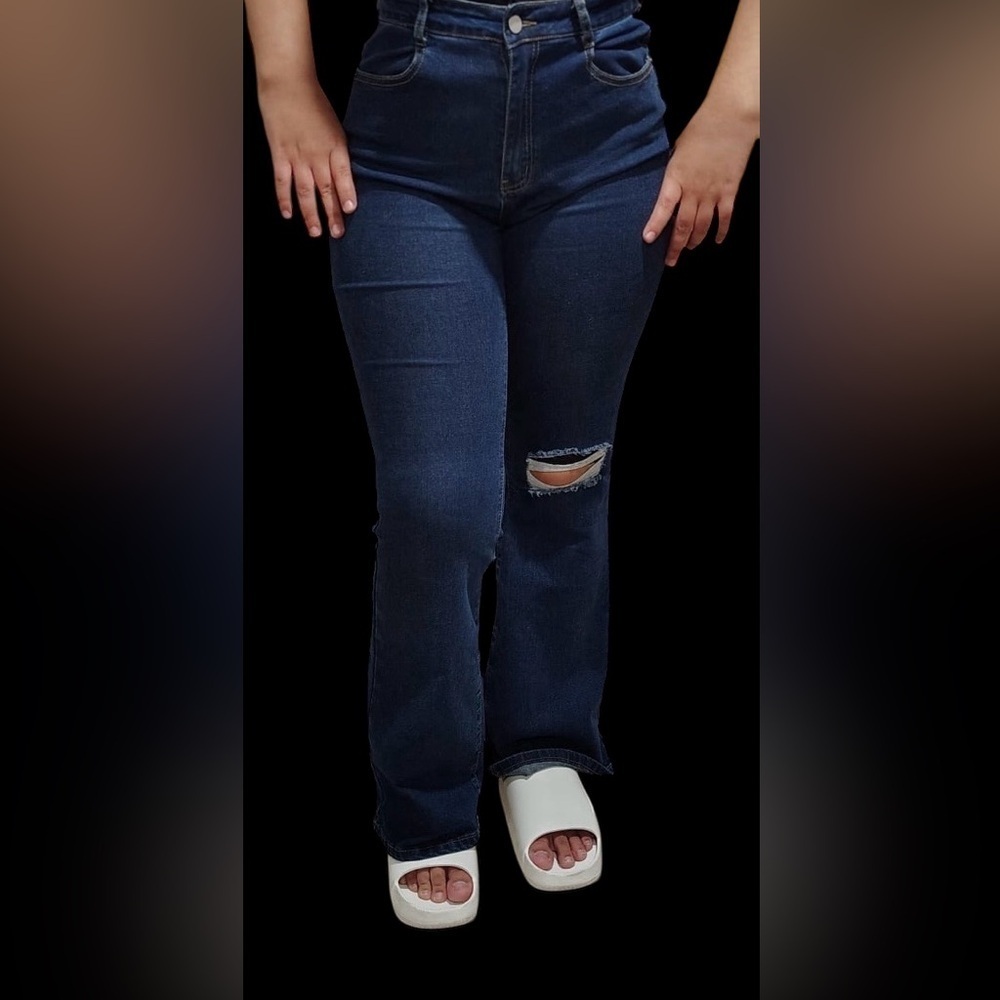 Blue Flare Jeans with Distressed Knee